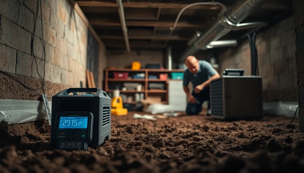 Crawl Space Restoration process with professionals inspecting and repairing moisture barriers in a basement.