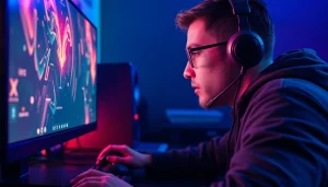 Użytkownik grający w gry komputerowe na komputerze, z podświetleniem RGB.