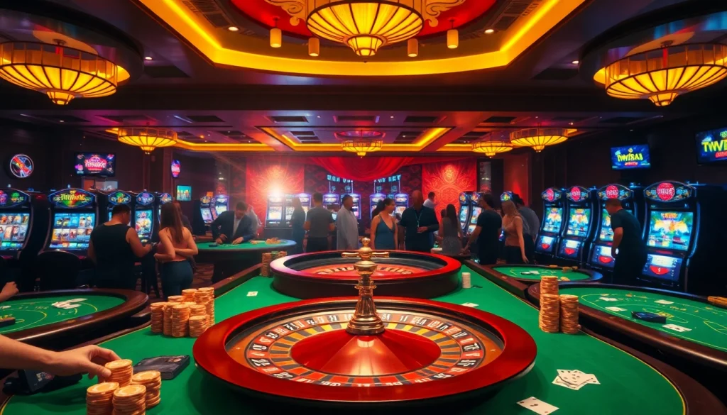 Excited players placing bets at an 8day casino with roulette, poker, and vibrant slot machines.
