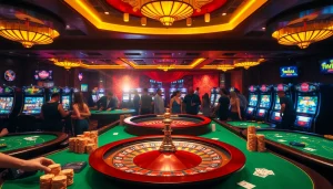Excited players placing bets at an 8day casino with roulette, poker, and vibrant slot machines.