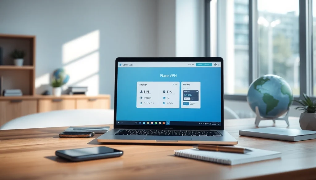 在现代工作区的笔记本电脑上显示的快连 VPN 界面，突出连接性与多设备支持。
