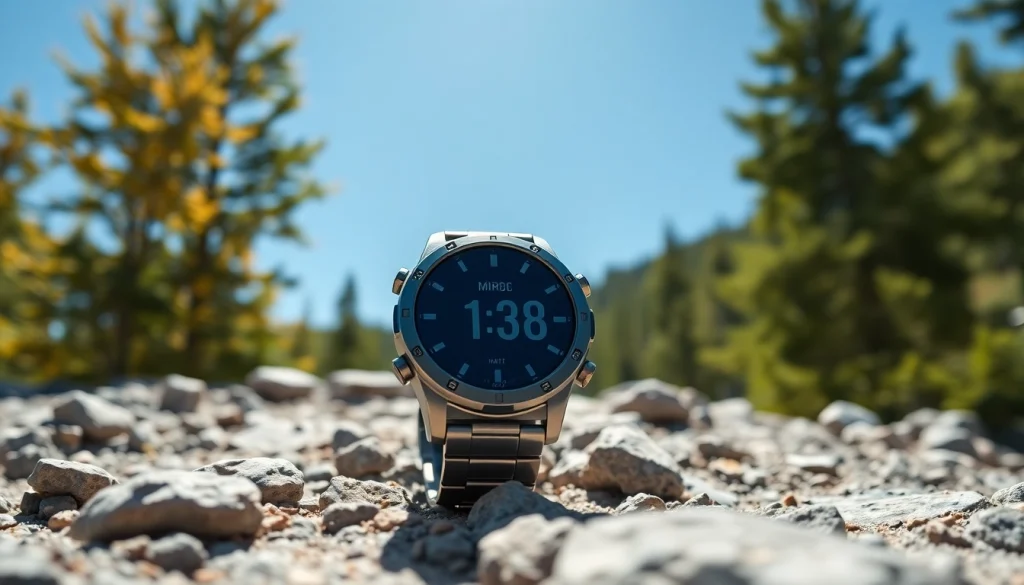 Experience the features of the Explorer GPS Smart Watch amidst a mountain backdrop.
