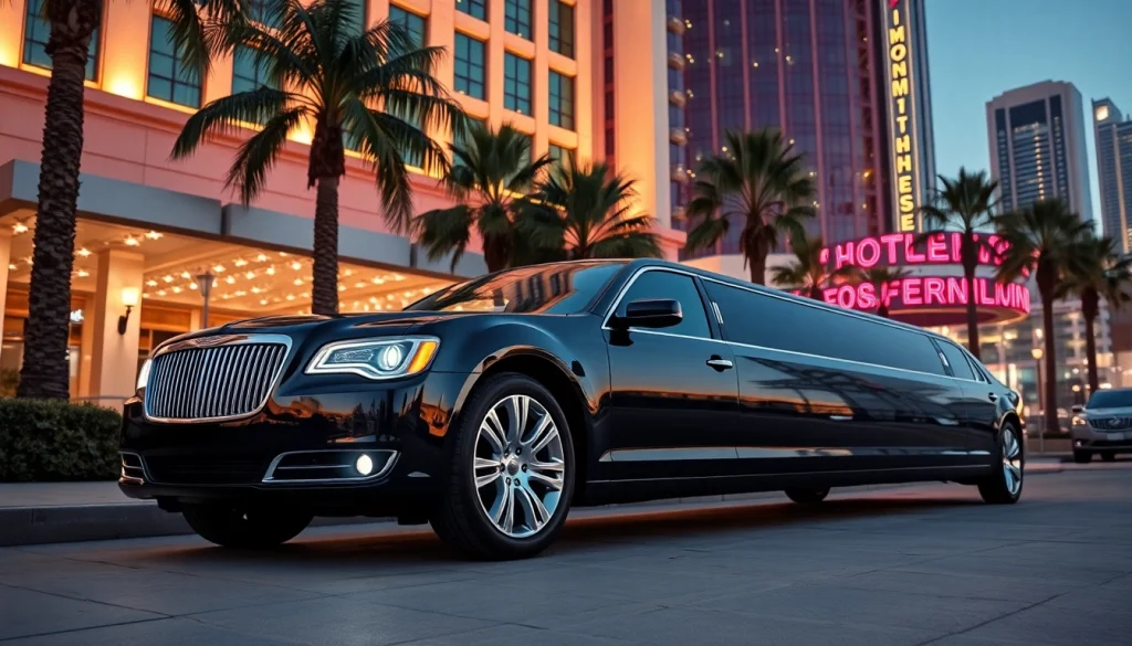 Luxury Los Angeles Limo parked in front of a high-end hotel, showcasing elegance and sophistication.