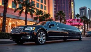 Luxury Los Angeles Limo parked in front of a high-end hotel, showcasing elegance and sophistication.