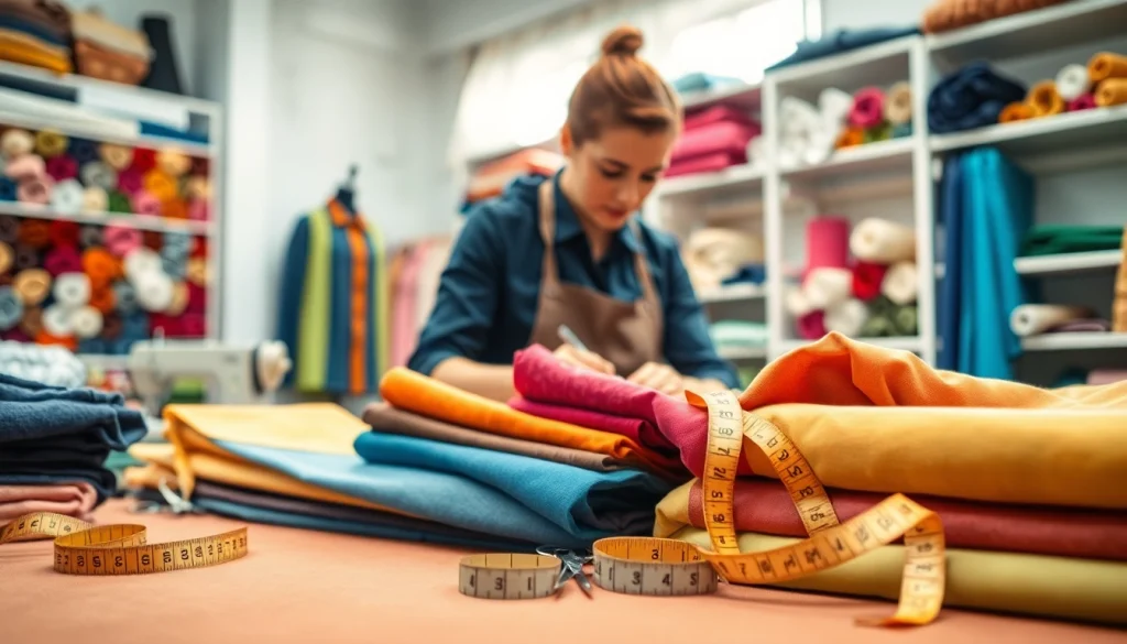 Katoen stof voor kleding in een creatieve naaiwerkplaats met kleurige stoffen.
