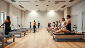 推奨エクササイズと機材を紹介するダイナミックなピラティスセッション。多様な参加者が参加しています。