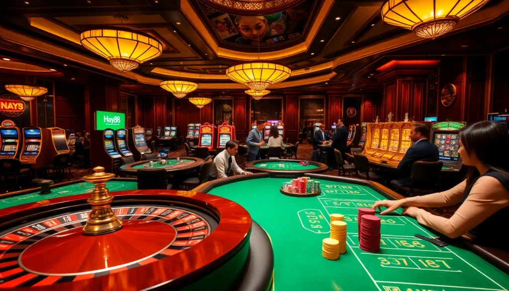 Hay88 casino scene with players at tables and vibrant poker chips, conveying excitement.