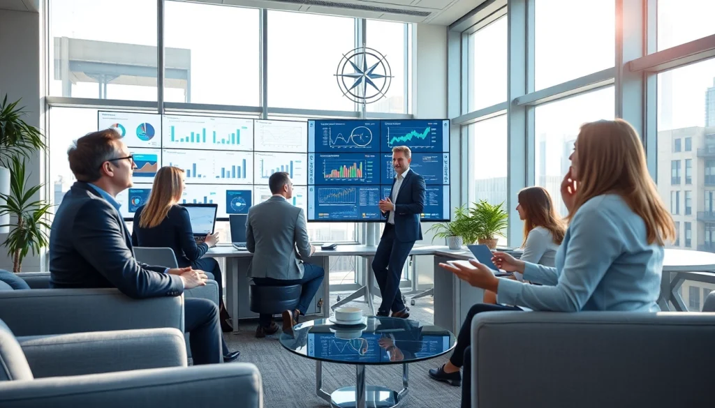 Engaged team discussing competitive intelligence FAQs with charts and graphs in a bright office.