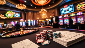 Une scène de casino animée présentant le meilleur casino en ligne avec des jetons de poker et une roue de roulette, améliorant l'atmosphère d'excitation.