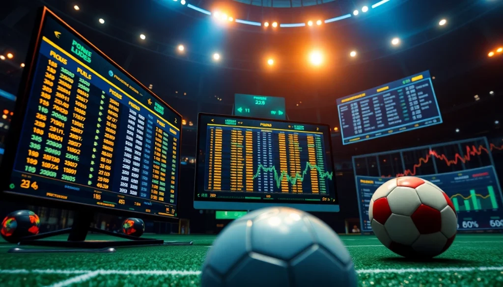 Dynamic representation of tỷ lệ kèo in sports betting with digital odds and a football ambiance.