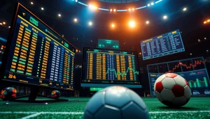 Dynamic representation of tỷ lệ kèo in sports betting with digital odds and a football ambiance.