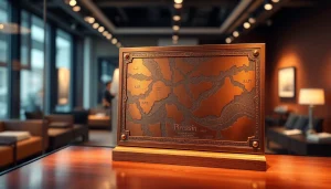 Placă de bronz uimitoare care prezintă modele intricate într-un cadru de galerie modernă.