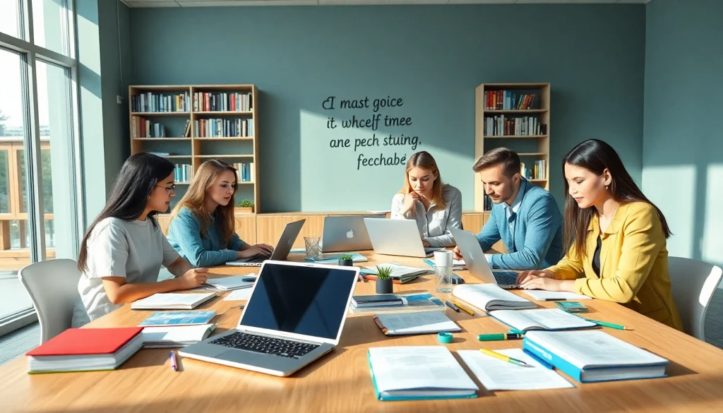 Students collaborating in a modern study space for exam assistance services preparation.