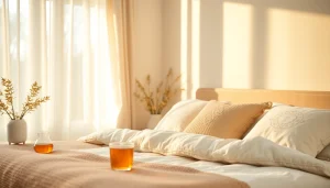 暖かいお茶と穏やかな雰囲気の中で、風邪を一晩で治す方法を促進する快適な寝室の情景（風邪 一晩で治す方法）