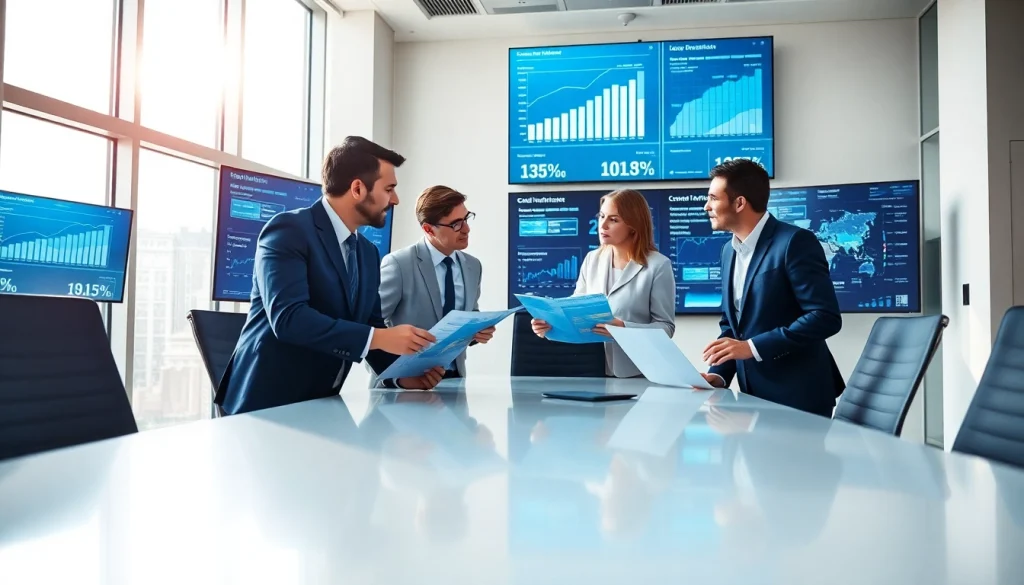 Analyze b2b competitive intelligence data with a professional team in a modern office setting.