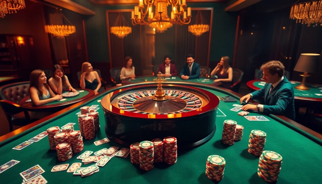 Sao789 players enjoying exciting casino games at a luxury online platform with vibrant tables and poker chips.