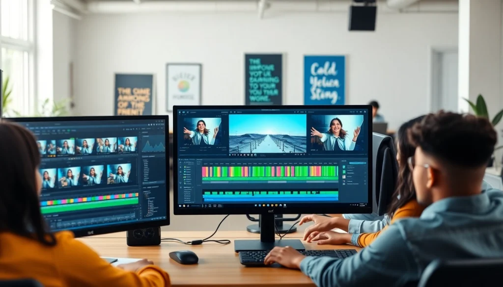 Klynt video editing software interface with colorful timelines and a collaborative team.