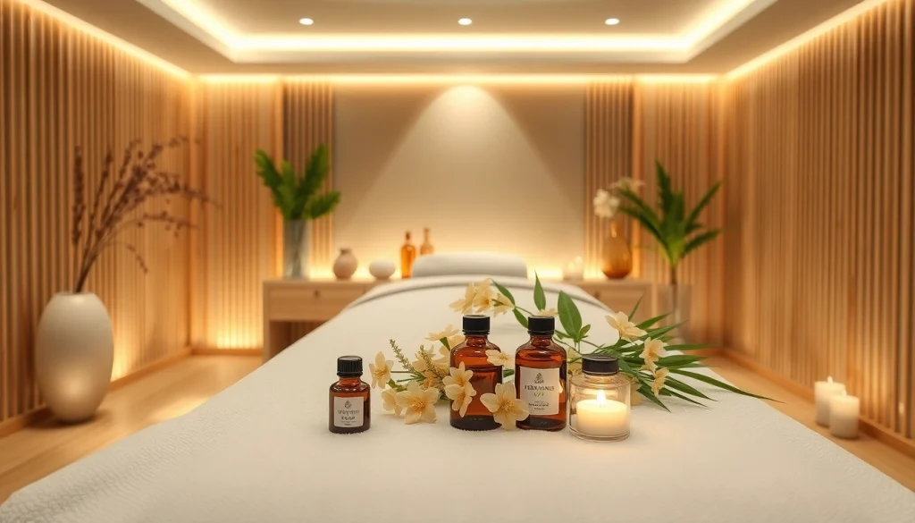 아늑한 조명과 아로마 오일이 있는 고급스러운 스웨디시 마사지 룸.
