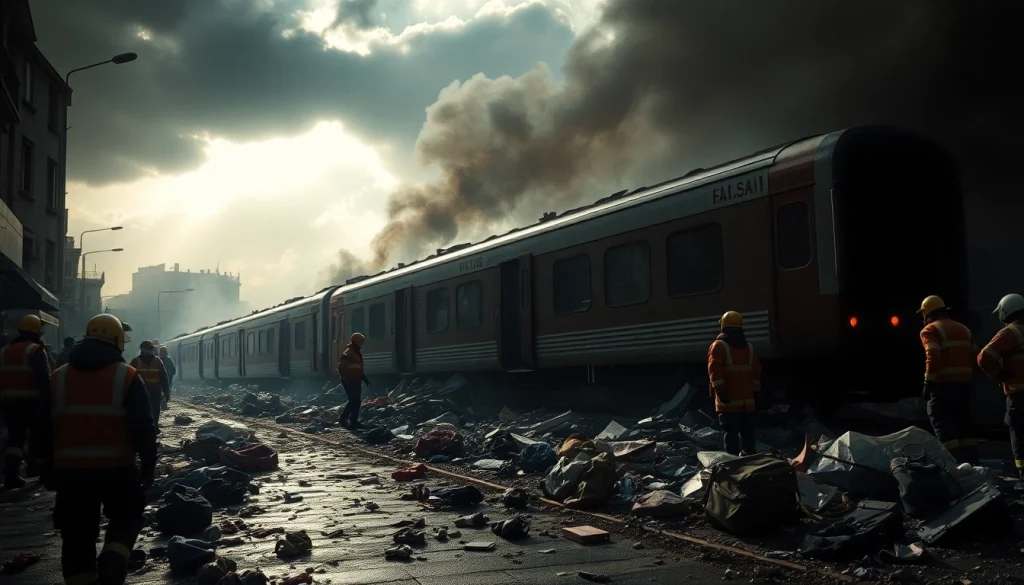 Emergency responders manage the spain train crash scene with trains and debris scattered around.