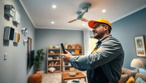 Instalación de alarmas de seguridad en una casa moderna por un técnico profesional que destaca la confianza y la fiabilidad.