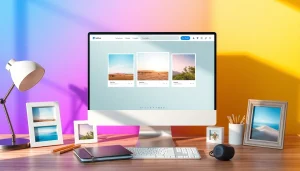 Square image transformations displayed in a creative workspace with vivid colors and design elements.