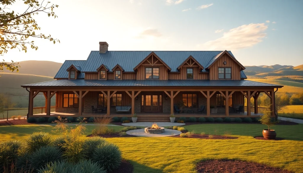 Canton Farmhouse showcasing rustic design and beautiful landscaping at golden hour.