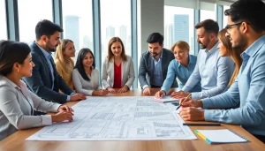 Engaged professionals in a construction network association meeting discussing plans and ideas.