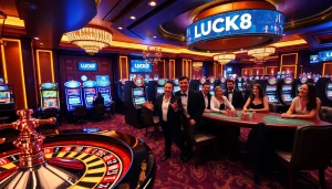Players winning big at LUCK8 casino, featuring roulette wheel and vibrant slot machines.