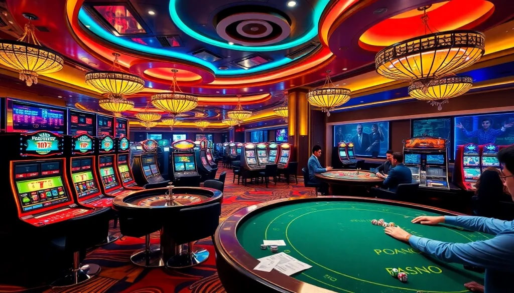 Scène captivante d'un casino luxueux présentant les caractéristiques du meilleur casino en ligne avec des joueurs profitant des jeux de table.