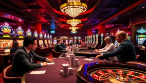 Players enjoying exciting games at https://jogoluck.br.com/, with vibrant slot machines and poker chips on display.