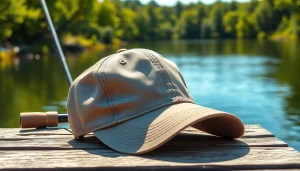 A fly fishing hat rests on a wooden dock, emphasizing its craft and utility for avid anglers.