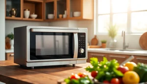Showcase of microwave oven sales featuring a modern stainless steel appliance in a stylish kitchen.