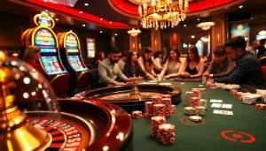 Thrilling gambling scene at a casino showcasing gg88, complete with vibrant tables, chips, and players!