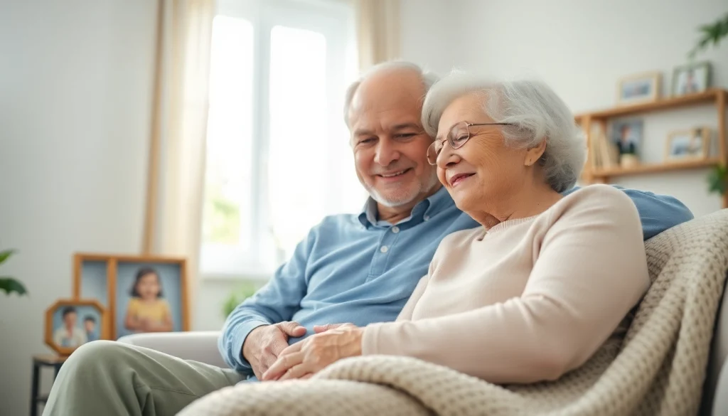 Promoting at home senior care through a loving elderly couple enjoying their time together.