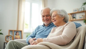 Promoting at home senior care through a loving elderly couple enjoying their time together.