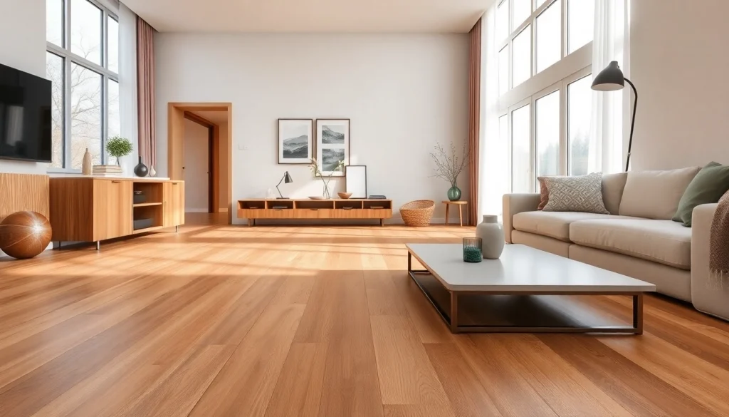 Modern living room showcasing vinyl flooring with elegant decor and bright natural light.
