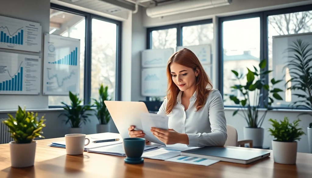 Profesjonalny księgowy przeglądający dokumenty finansowe w nowoczesnym biurze w mieście Poznań.