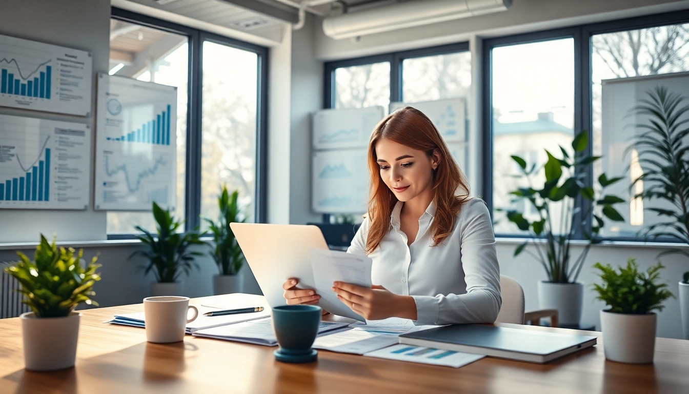 Profesjonalny księgowy przeglądający dokumenty finansowe w nowoczesnym biurze w mieście Poznań.