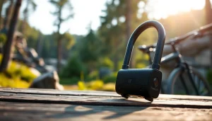 Mit Freelock sicher verschlossenes Fahrrad auf einem Tisch im Freien präsentieren.