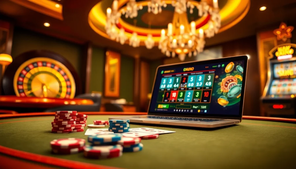 Vivez l'excitation du meilleur casino en ligne avec une scène de poker virtuel luxueuse.