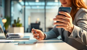 Understand What is a CRM for WhatsApp while engaging with a smartphone user in a modern office.