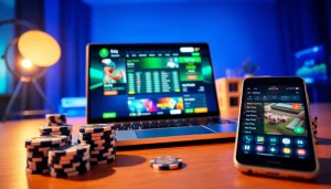 Sureman online betting scene with laptop, poker chips, and smartphone in a vibrant environment.