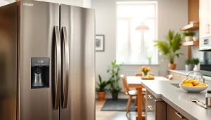 Sleek Refrigerator in a modern kitchen, showcasing eco-friendly features and a cozy atmosphere.