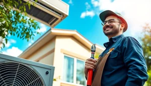 HVAC dealers installing a system for a homeowner in a sunny setting.