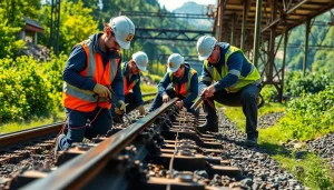 Engineers conducting derailment repairs with precision and specialized tools on train tracks.