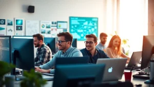 Remote software development jobs showcased in a vibrant home office collaboration