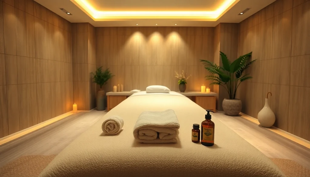 편안한 분위기와 마사지 테이블이 있는 부산마사지 스파 장면.