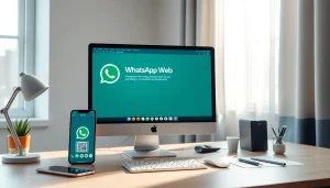 Seamless communication with WhatsApp Web on a desktop, showcasing a QR code and smartphone integration.