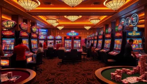 Experience the thrilling action of jamuslot alternatif with vibrant slot machines and players enjoying casino excitement.