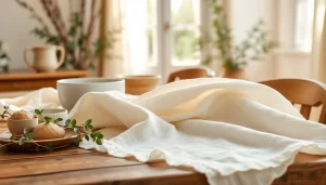 Creëer een stijlvolle setting met zuiver linnen en aardewerk, benadruk de textuur.
